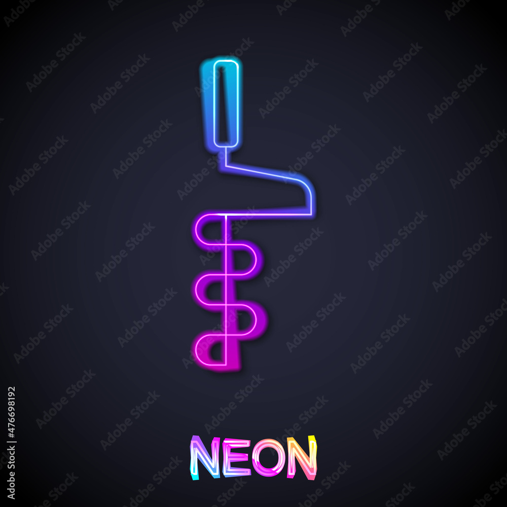 Glowing neon line Hand ice drill for winter fishing icon isolated on black background. Vector Glowing neon line Hand ice drill for winter fishing icon isolated on black background. Vector