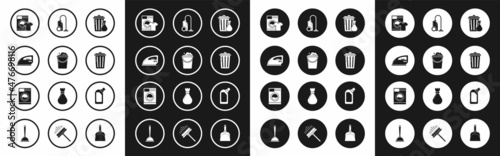 Set Trash can and garbage bag, Bucket with foam bubbles, Electric iron, Washer t-shirt, Vacuum cleaner, Plastic bottles for liquid dishwashing liquid and icon. Vector