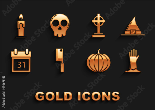 Set Meat chopper, Witch hat, Zombie hand, Pumpkin, Calendar with Halloween date 31 october, Tombstone cross, Burning candle and Skull icon. Vector