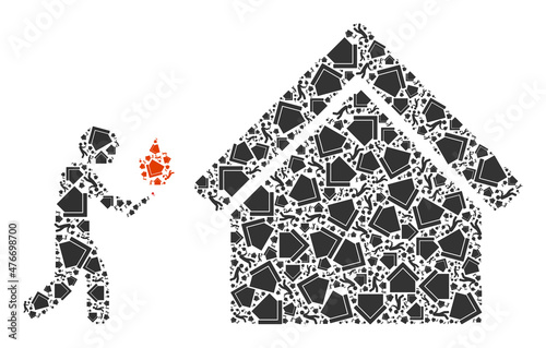 Vector house arsonist icon collage. House arsonist collage is composed with random recursive house arsonist elements. Recursive collage for house arsonist icon.
