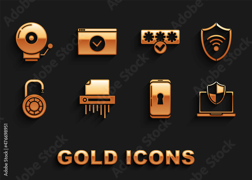 Set Paper shredder confidential, Smartphone lock, Safe combination wheel, Password protection and safety access, Ringing alarm bell and Secure your site HTTPS, SSL icon. Vector
