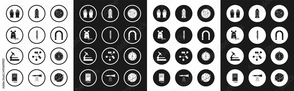 Set Bacteria, Meteorology thermometer measuring, Rat, Rubber gloves, Magnet, Space shuttle and rockets, Compass and Microscope icon. Vector