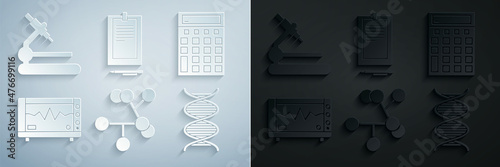 Set Molecule, Calculator, Computer monitor with cardiogram, DNA symbol, Clipboard document and Microscope icon. Vector