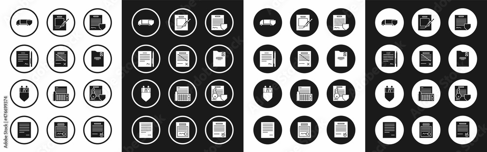 Set Contract with shield, Delete file document, pen, Delivery cargo truck, Personal folder, Blank notebook and, Document key and Family insurance icon. Vector Set Contract with shield, Delete file document, pen, Delivery cargo truck, Personal folder, Blank notebook and, Document key and Family insurance icon. Vector
