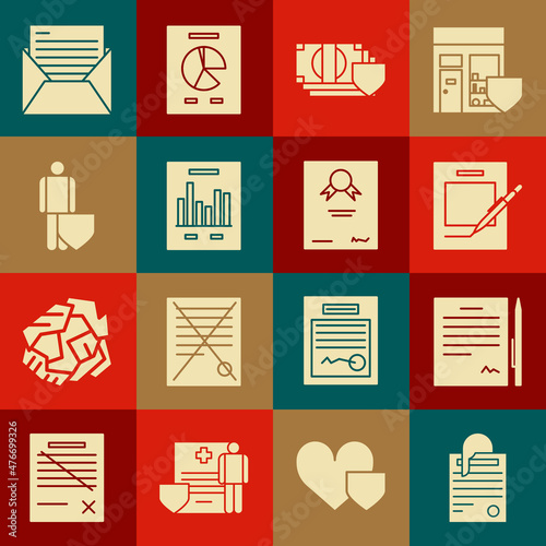Set File document and paper clip, Contract with pen, Blank notebook, Money shield, Document graph chart, Life insurance, Mail e-mail and Certificate template icon. Vector