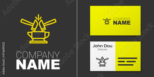 Logotype line Blacksmith anvil tool and hammer icon isolated on grey background. Metal forging. Forge tool. Logo design template element. Vector