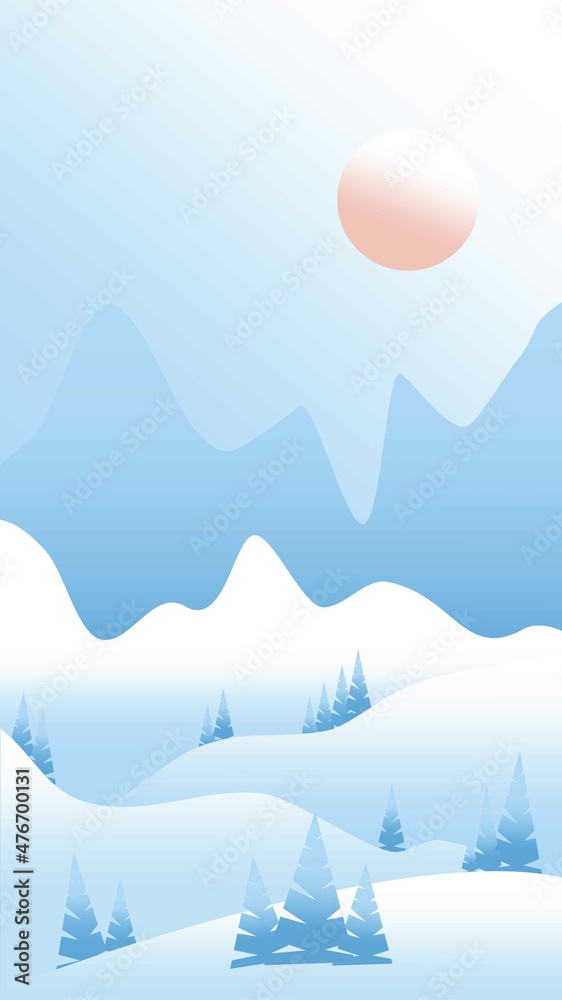 Winter landscape with waves. Pink sun and pastel blue sky. White snowy mountains and hills. Fir trees. Gradient colors. Nature and ecology. For social media, post cards and posters