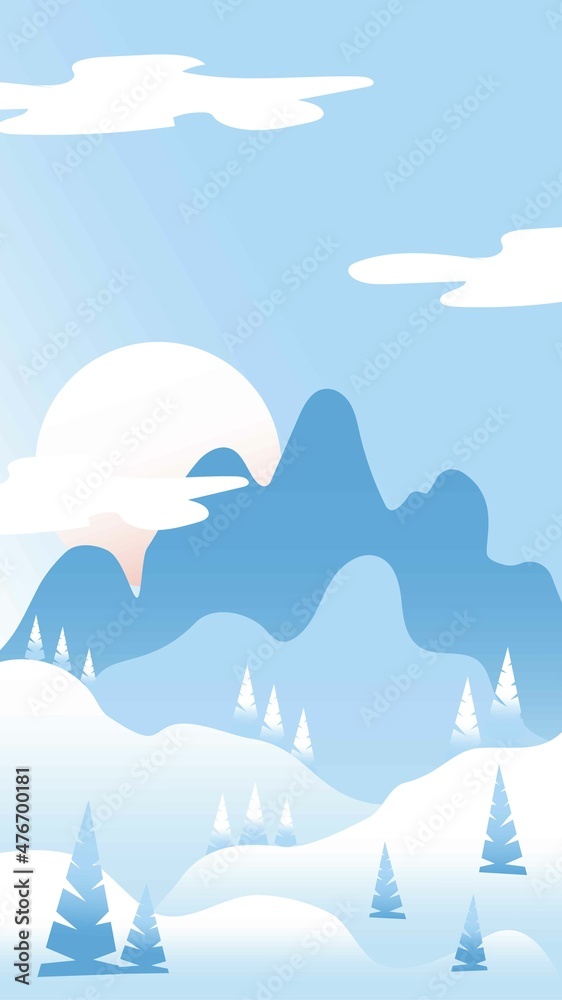 Winter landscape with waves. Pink sun, white clouds and pastel blue sky. Snowy mountains and hills. Fir trees. Gradient colors. Nature and ecology. For social media, post cards and posters
