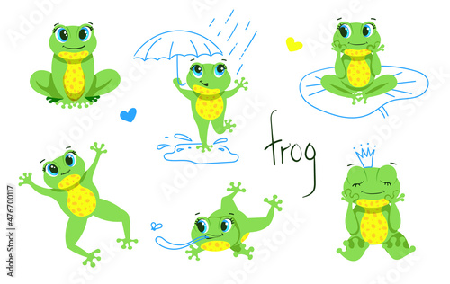 Cute little Green Frog Smiles, Jumps, Hunts insects, dreams. A set of vector illustrations