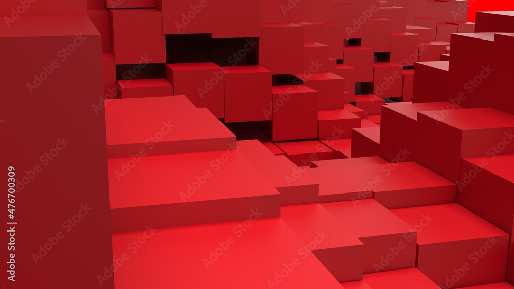 Obraz premium Abstract background with waves made of a lot of black cubes geometry primitive forms that goes up and down under black-white lighting. 3D illustration. 3D CG. High resolution.