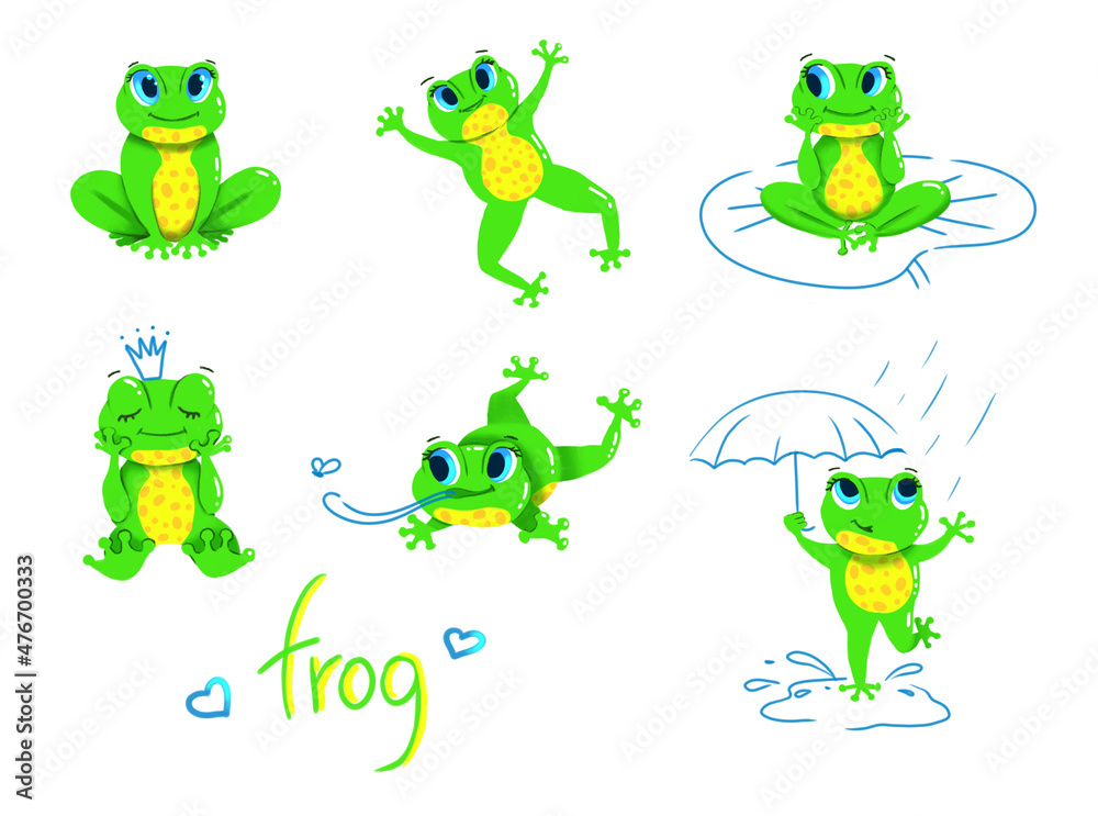 Fototapeta premium Cute little Green Frog Smiles, Jumps, Hunts insects, dreams. A set illustrations, isolated on white background