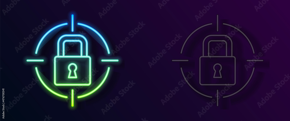 Glowing neon line Lock icon isolated on black background. Padlock sign. Security, safety, protection, privacy concept. Vector