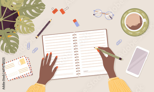 Open diary, planner or notebook concept. African woman write journal. Top view workplace with lists, reminders, schedules or agendas. Planning and organization. Vector illustration in cartoon style.