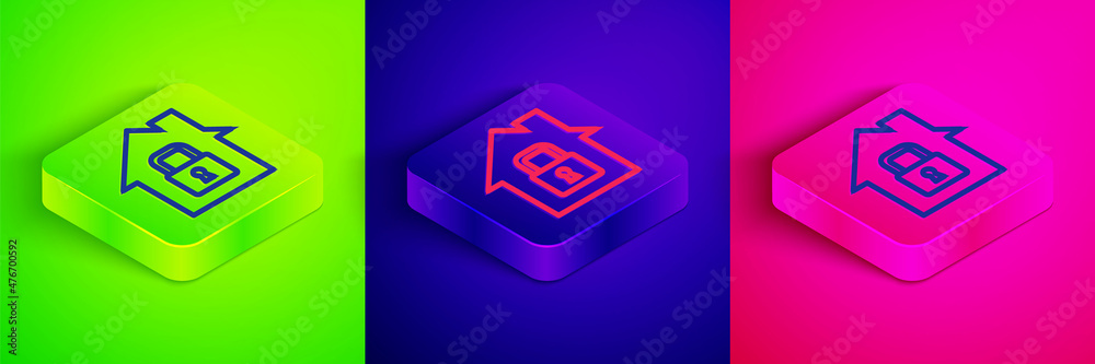 Isometric line House under protection icon isolated on green, blue and pink background. Home and lock. Protection, safety, security, protect, defense concept. Square button. Vector Isometric line House under protection icon isolated on green, blue and pink background. Home and lock. Protection, safety, security, protect, defense concept. Square button. Vector