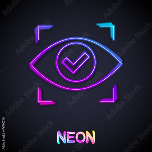 Glowing neon line Eye scan icon isolated on black background. Scanning eye. Security check symbol. Cyber eye sign. Vector
