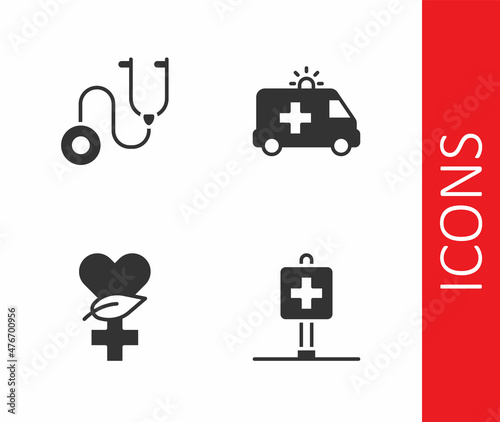 Set Location hospital, Stethoscope, Ethnoscience and Ambulance car icon. Vector