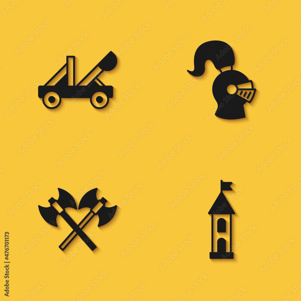 Set Medieval catapult, Castle tower, Crossed medieval axes and helmet icon with long shadow. Vector
