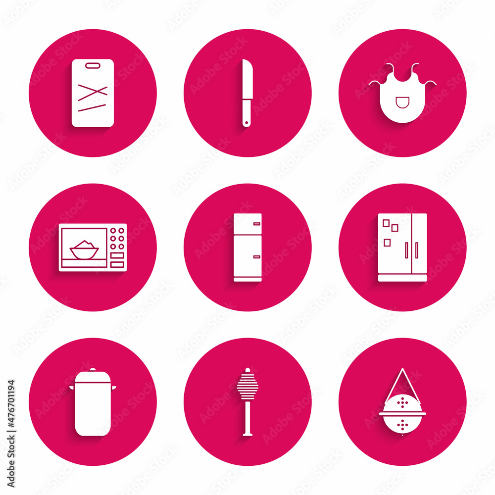 Set Refrigerator, Honey dipper stick, Ball tea strainer, Cooking pot, Microwave oven, Kitchen apron and Cutting board icon. Vector