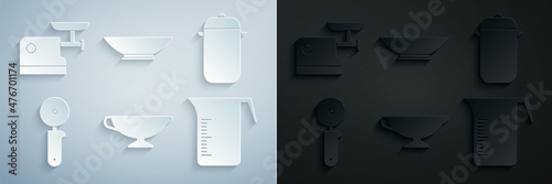 Set Sauce boat, Cooking pot, Pizza knife, Measuring cup, Bowl and Kitchen meat grinder icon. Vector