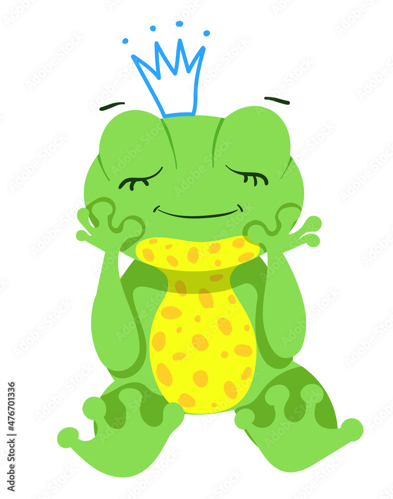 Fototapeta premium cute little dreaming frog with crown on his head, isolated on white background. Illustration with bright character