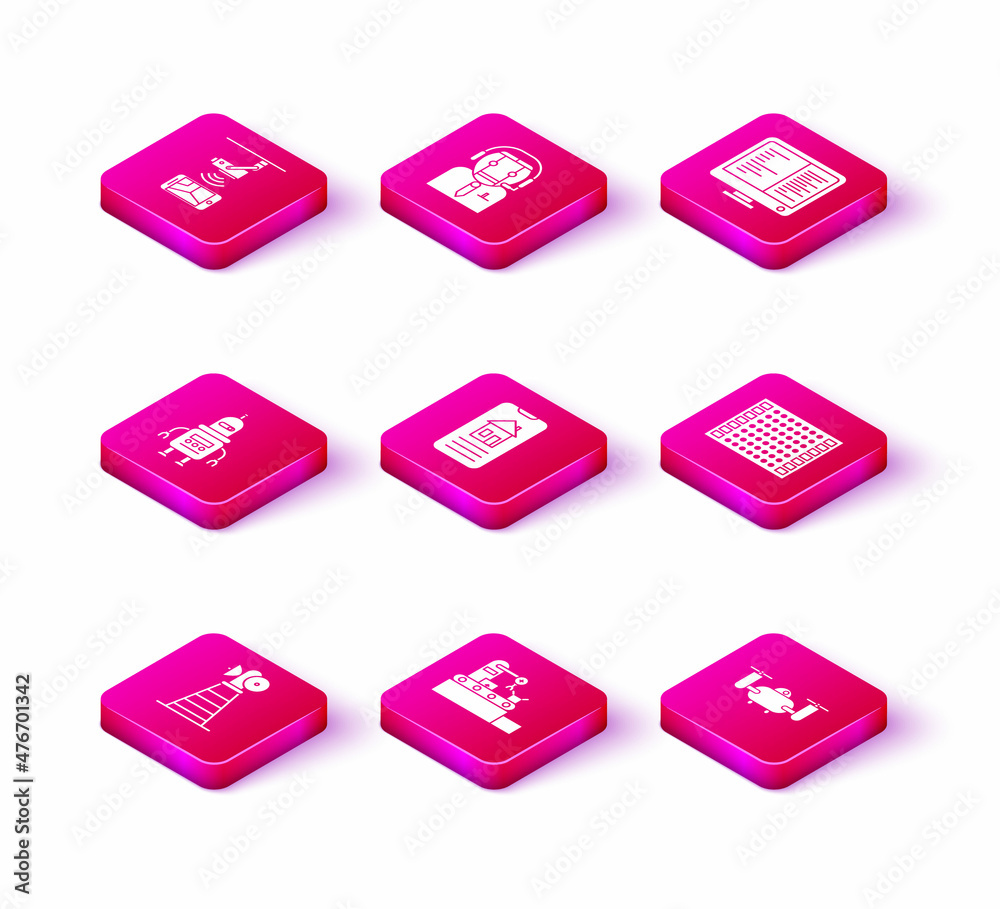 Set Antenna, Factory conveyor system belt, Robot, Smart home, Drone flying with action camera, Printed circuit board PCB, Computer monitor screen and Worker robot icon. Vector Set Antenna, Factory conveyor system belt, Robot, Smart home, Drone flying with action camera, Printed circuit board PCB, Computer monitor screen and Worker robot icon. Vector