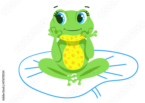Fototapeta Naklejka Na Ścianę i Meble -  cute little dreamy frog is sitting on water lily, isolated on white background. Illustration with bright character