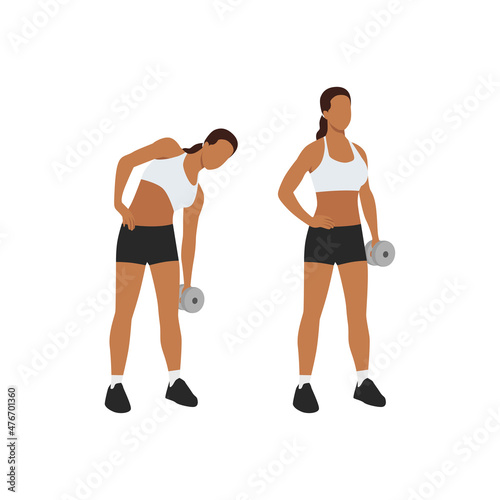 Woman doing Standing dumbbell side bends exercise. Flat vector illustration isolated on white background. workout character set