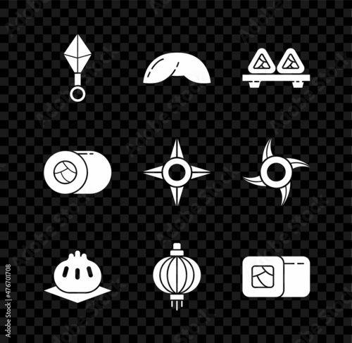 Set Japanese ninja shuriken, Chinese fortune cookie, Sushi on cutting board, Khinkali, paper lantern, and icon. Vector