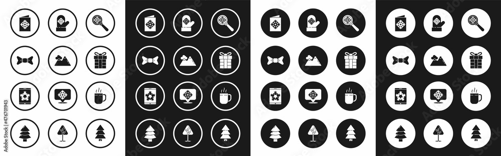 Set Magnifying glass with snowflake, Mountains, Bow tie, Christmas postcard, Gift box, mitten, Coffee cup and on smartphone and icon. Vector