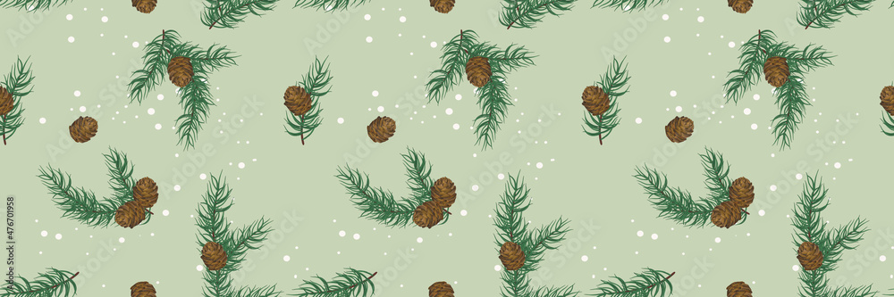 Obraz premium Seamless pattern of spruce branches and cones on a green background. Holiday Christmas home decor,textiles