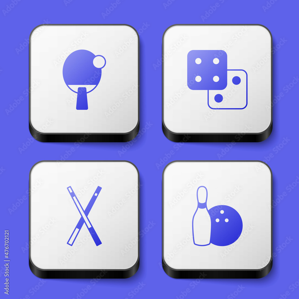 Set Racket, Game dice, Crossed billiard cues and Bowling pin and ball icon. White square button. Vector Set Racket, Game dice, Crossed billiard cues and Bowling pin and ball icon. White square button. Vector