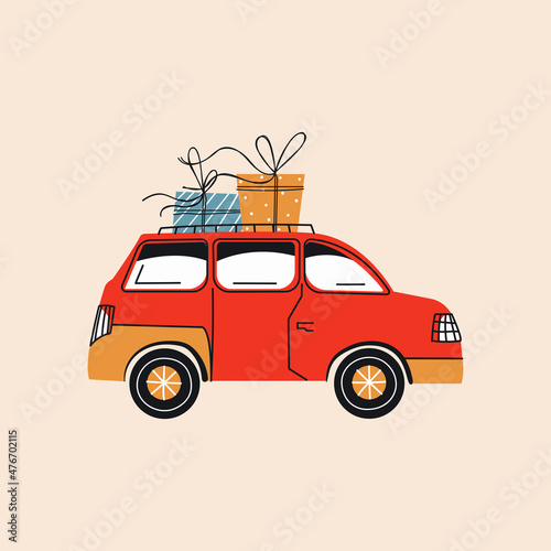 Car with gifts. The red car carries gifts in a flat style. Doodle, hand-drawn illustration. Clipart. The object is isolated.