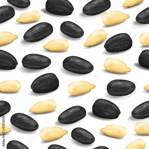 seamless pattern of realistic vector sunflower seeds with shadow isolated on a white background