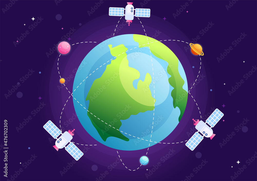 Naklejka premium Artificial Satellites Orbiting the Planet Earth with Wireless Technology Global 5G Internet Network Satellite Communication in Flat Background Illustration