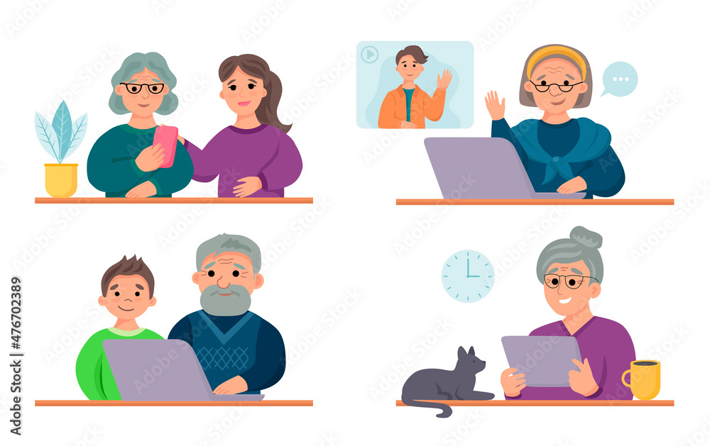 Set of Senior characters with gadgets on white background. Old people use the Internet.