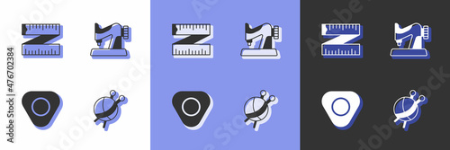Set Yarn ball with knitting needles, Tape measure, Sewing chalk and machine icon. Vector