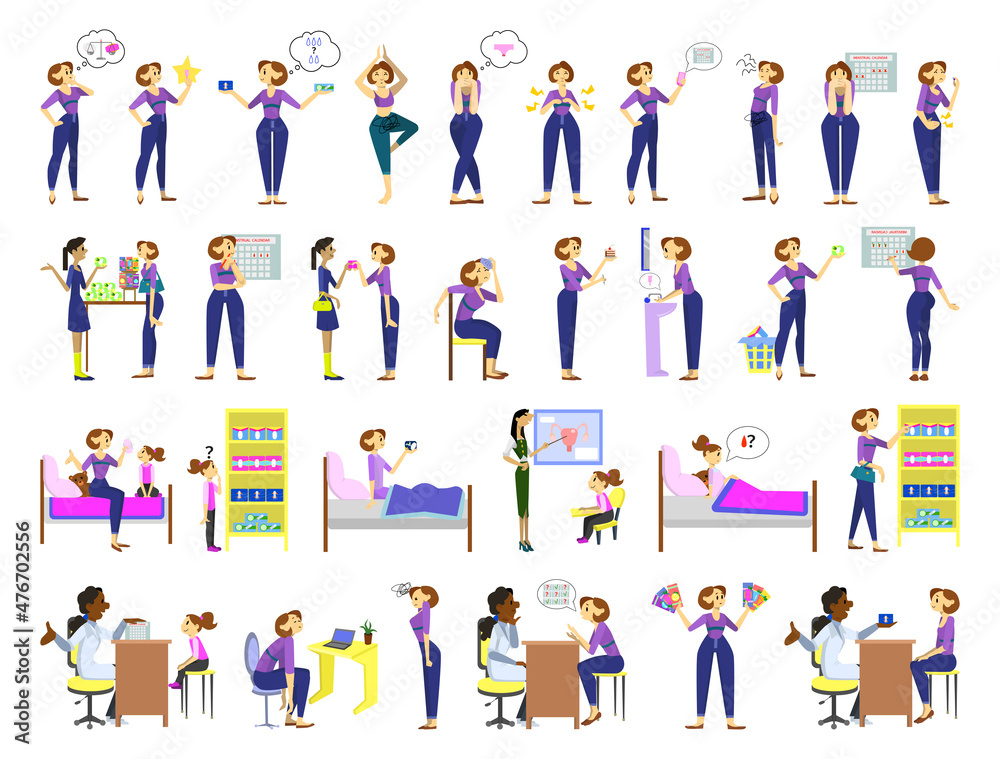 Collection of illustrations of the menstrual cycle. Female characters in various situations related to critical days. Collection of illustrations of the menstrual cycle. Female characters in various situations related to critical days.