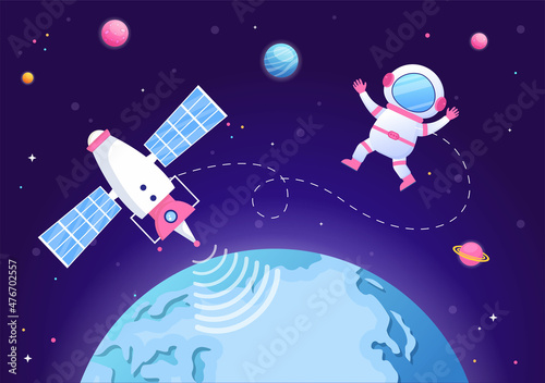 Artificial Satellites Orbiting the Planet Earth with Wireless Technology Global 5G Internet Network Communication and Astronaut in Flat Background Illustration