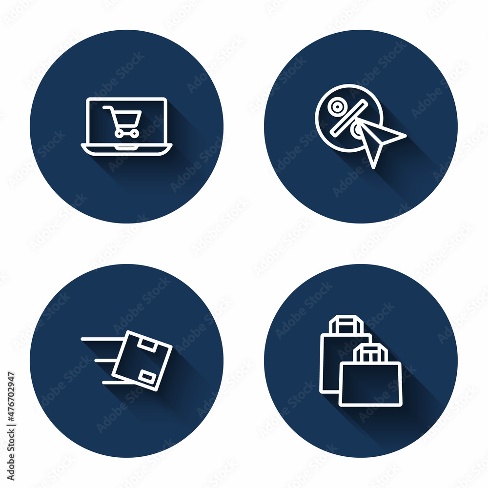 Set line Shopping cart on screen laptop, Discount percent tag, Location with cardboard box and Paper shopping bag with long shadow. Blue circle button. Vector