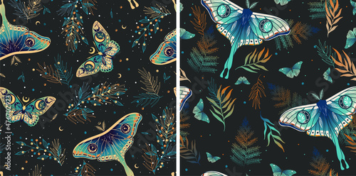 Set of seamless patterns with moths. Vector graphics. Contemporary composition. Trendy texture for print, textile, packaging.