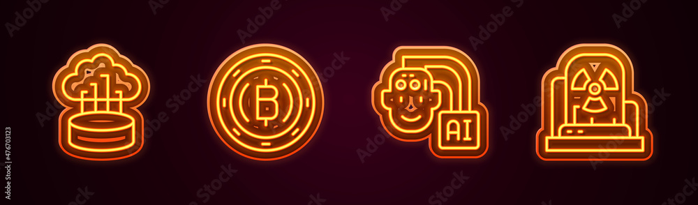 Set line Network cloud connection, Cryptocurrency coin Bitcoin, Humanoid robot and Radioactive warning lamp. Glowing neon icon. Vector Set line Network cloud connection, Cryptocurrency coin Bitcoin, Humanoid robot and Radioactive warning lamp. Glowing neon icon. Vector