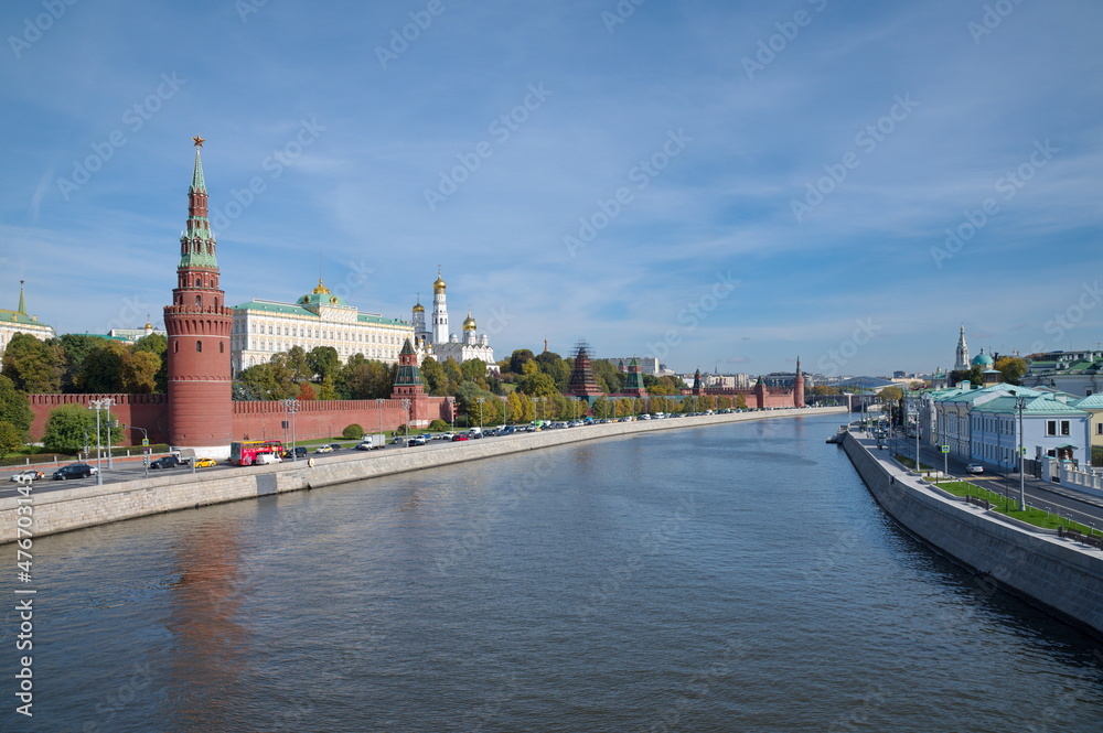 Moscow, Russia - September 29, 2021: Autumn view of the Moscow Kremlin, Kremlin and Sofia embankments