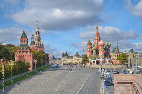 Moscow, Russia - September 29, 2021: Autumn view of the Moscow Kremlin, Vasilievsky Descent and the Cathedral of the Intercession of the Most Holy Theotokos on the Moat (St. Basil's Cathedral)