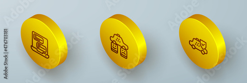 Set Isometric line Taxi mobile app, service rating and car insurance icon. Vector