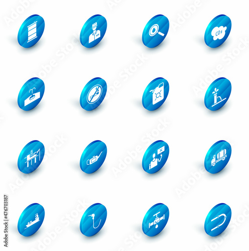 Set Oilman, drop, CO2 emissions in cloud, Oilfield, platform the sea, No Smoking, pump pump jack and Canister motor oil icon. Vector