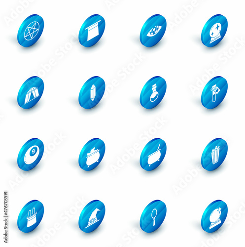 Set Magician hat, Pentagram, ball, Circus tent, of predictions, stone, Bottle with love potion and icon. Vector