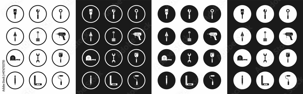 Set Wrench spanner, Snow shovel, Trowel, Paint brush, Electric drill machine, Adjustable wrench, Putty knife and Roulette construction icon. Vector