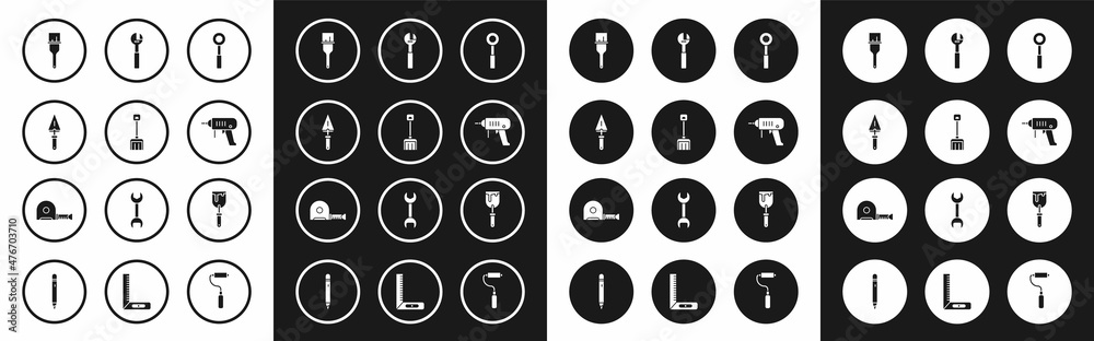 Set Wrench spanner, Snow shovel, Trowel, Paint brush, Electric drill machine, Adjustable wrench, Putty knife and Roulette construction icon. Vector Set Wrench spanner, Snow shovel, Trowel, Paint brush, Electric drill machine, Adjustable wrench, Putty knife and Roulette construction icon. Vector