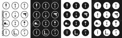 Set Wrench spanner, Snow shovel, Trowel, Paint brush, Electric drill machine, Adjustable wrench, Putty knife and Roulette construction icon. Vector