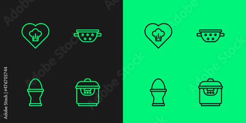 Set line Slow cooker, Chicken egg on a stand, Chef hat and Kitchen colander icon. Vector